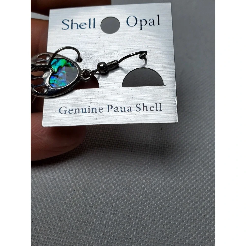 Paua Shell Bear Paw Dangle Earrings Silver Tone Genuine‎ Abalone Iridescent New